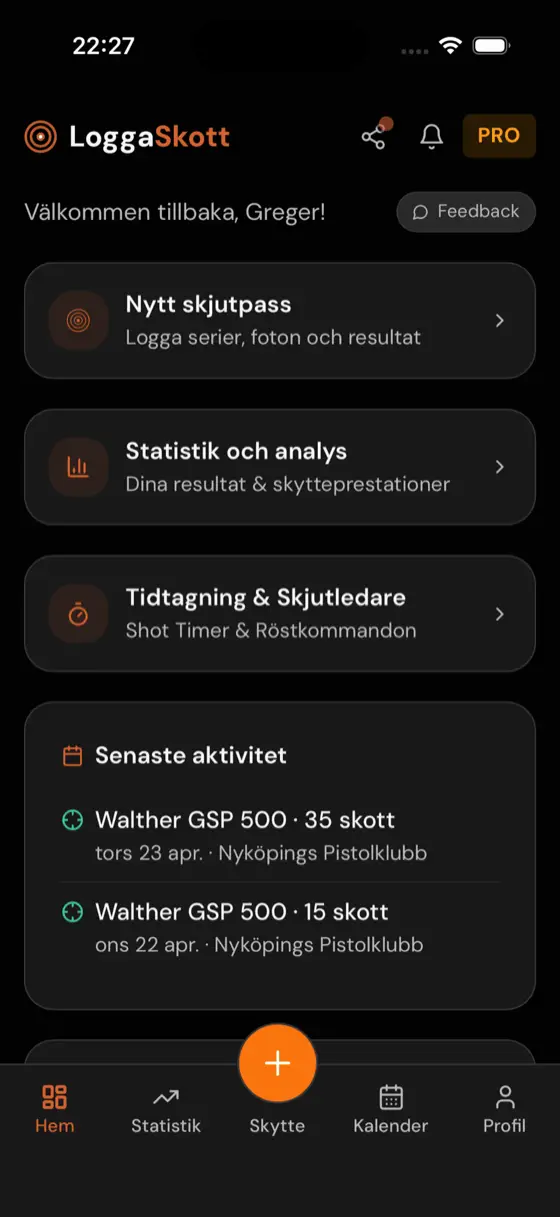LoggaSkott i mobilen: startskärm med nytt skjutpass, statistik och loggbok