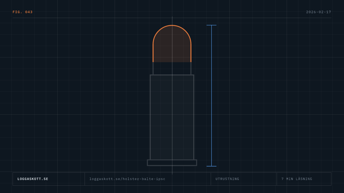 Översikt över holster och bälte för IPSC med måttlinjer, magasinfickor och reglerna per division.